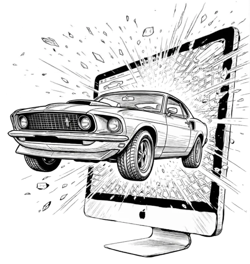 Carro saindo da tela de um computador